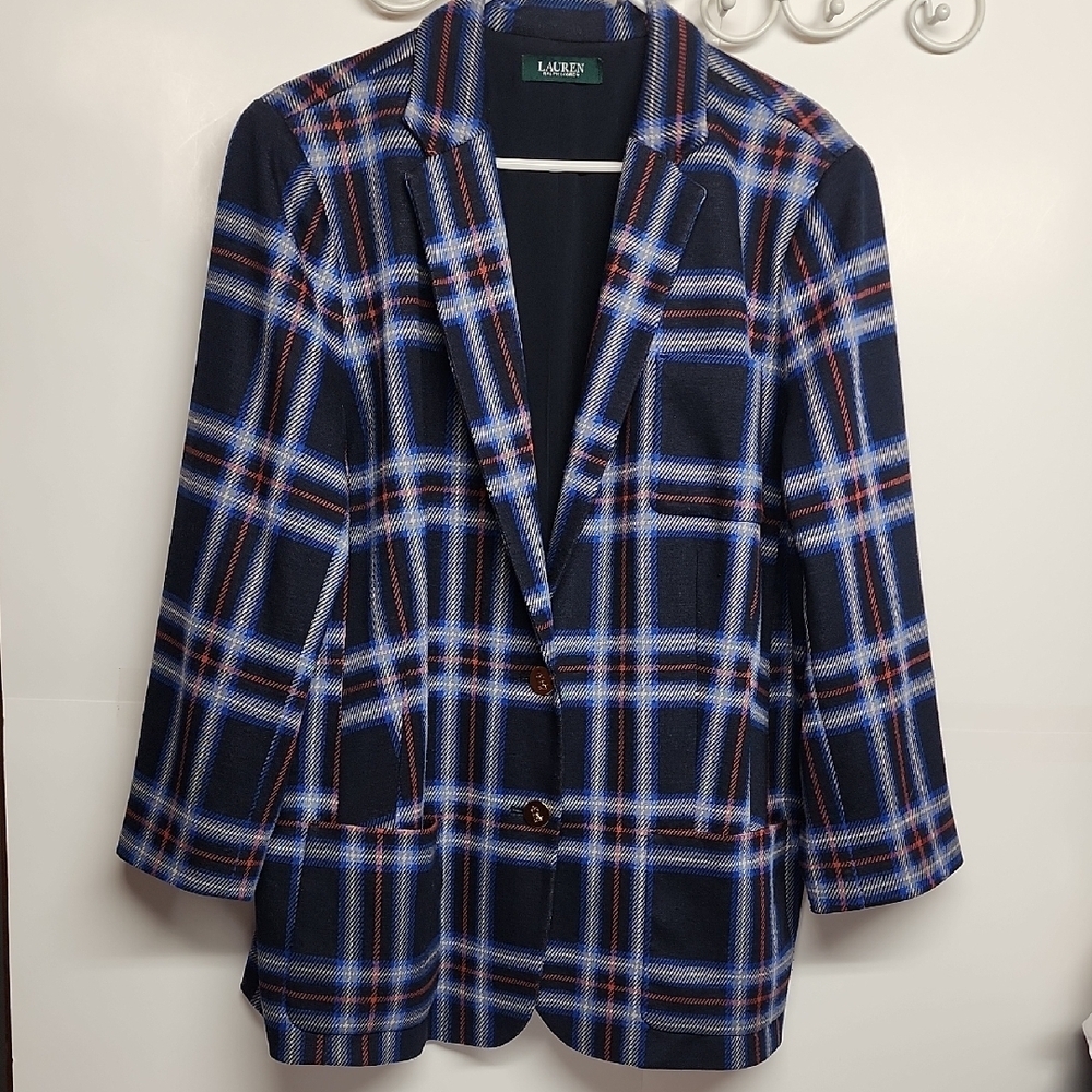 Ralph Lauren VINTAGE Navy White Red Plaid Jacket Gold Logo Buttons Retro Funky - Picture 1 of 7